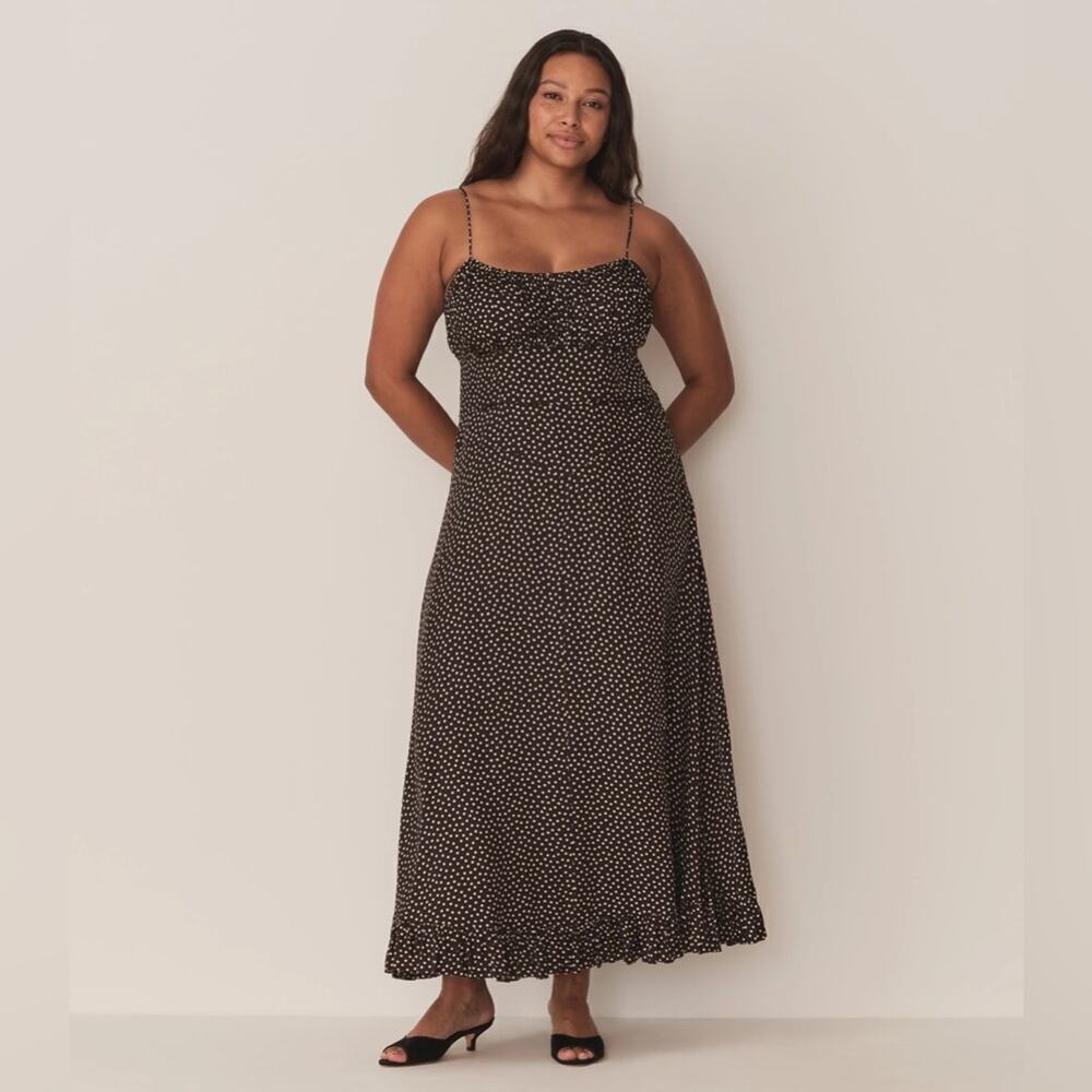 NWT Doen Rosaria Silk Ruched Bust Ruffle Midi Maxi Dress Camille Dot Polka Black - Picture 9 of 16